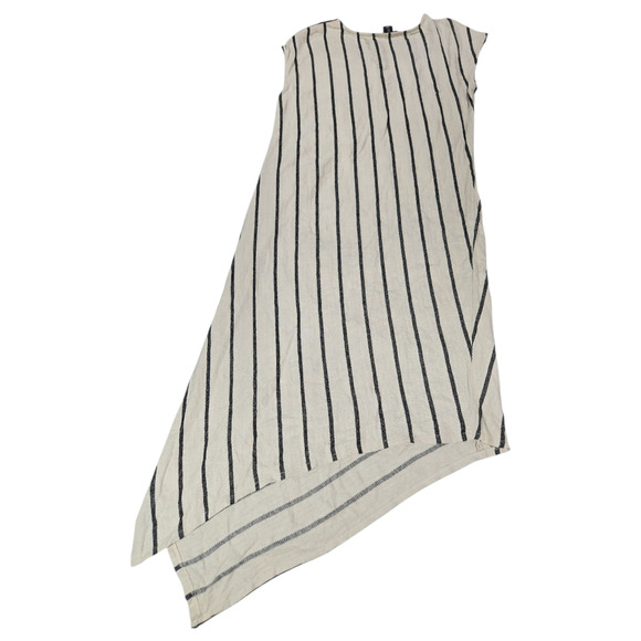Tahari Wom LG Asymmetrical Striped Linen Blend Short Sleeve Dress Tan Black EUC - Picture 11 of 11